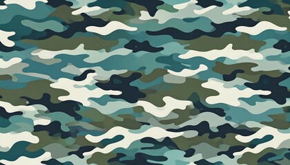 A striking camouflage pattern features a mix of teal, gray, and olive-green hues in a dynamic, abstract design.