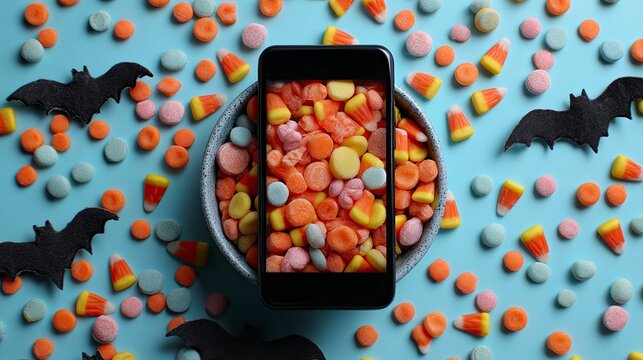 Flat lay of Halloween candy overflowing from bowl with smartphone.