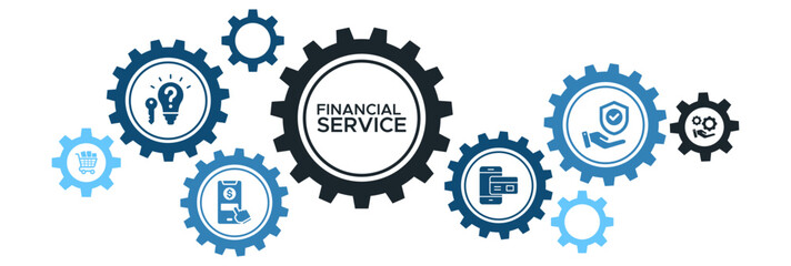 Financial Services Banner Vector Concept Featuring Icons for Online Payments, Shopping, Insurance, and Banking Solutions