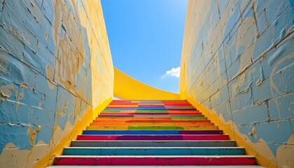 a colorful staircase ascending into a golden yellow upper level.
