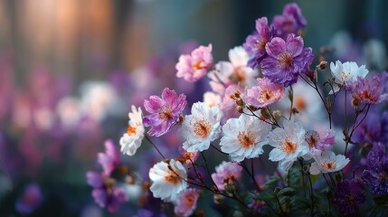 Delicate Cosmos Flowers in Shades of Purple, Pink, and White