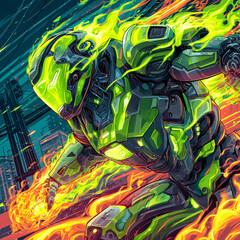 A green futuristic robot engulfed in flames hurtling through a city scene