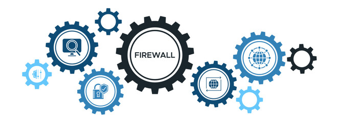 Firewall and Network Security Banner Vector Concept Featuring Icons for Monitoring, Network Traffic Control, and Security Rules