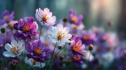 Dreamy Cosmos Flowers with Water Droplets in a Soft Garden Setting