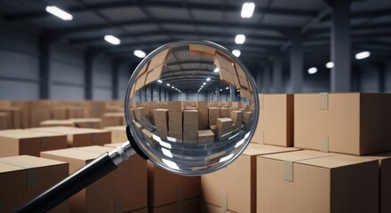 Warehouse Inspection with Magnifying Glass Showing Packaged Boxes in Modern Storage Facility