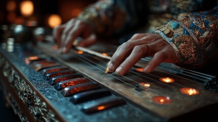 Close-Up of Hands Playing a Traditional String Instrument