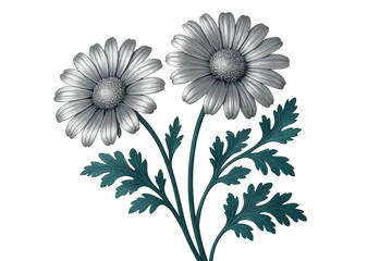 Silver chrysanthemum flowers blooming with teal leaves create a delicate floral arrangement on a transparent background