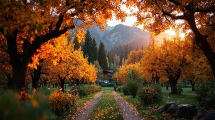 Picturesque Autumn Orchard Path Leading to Mountain Landscape at Sunset