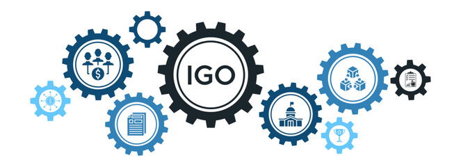 IGO (Initial Game Offering) Banner Vector Concept Featuring Icons for GameFi, Crowdfunding, Blockchain, and Token Governance