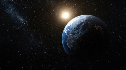 Fototapeta premium Realistic Earth Globe in Dark Space with Bright Star Radiating Cosmic Light and Night City Lights Emitting in Deep Blue Atmosphere