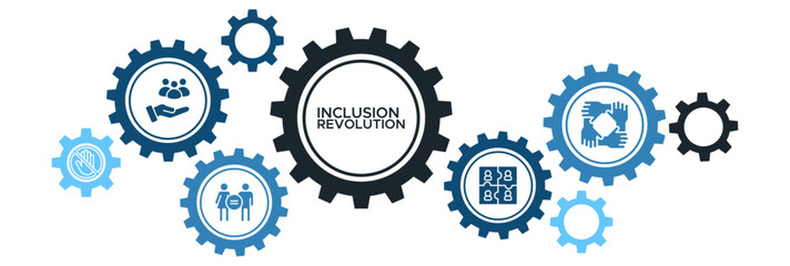 Inclusion Revolution Banner Vector Concept Featuring Icons for Social Integration, Equal Opportunities, and Unified Community