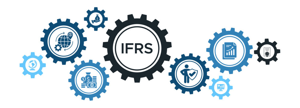 IFRS (International Financial Reporting Standards) Banner Vector Concept Featuring Icons for Global Finance, Reporting, Documents, and Money Management