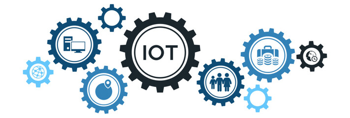 Internet of Things (IoT) Network and Device Management Banner with Icons for People, Business, Global Connectivity, and Time Efficiency