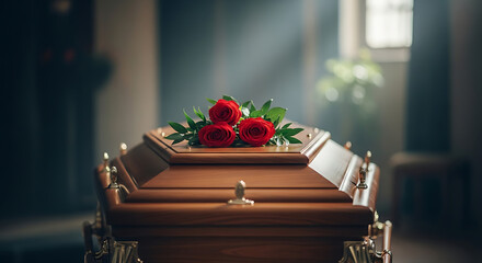 A poignant and solemn wooden coffin adorned with vibrant red roses, resting in the quiet reverence of a dimly lit hall, symbolizing remembrance, respect, and final farewells for a cherished life.