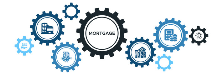 Mortgage and Property Financing Banner Icons: Loan Agreements, Estate Management, Asset Repayment, Financial Calculations, and Property Investment