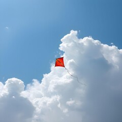 A red kite soaring high in a bright blue sky, with large, fluffy white clouds in the background