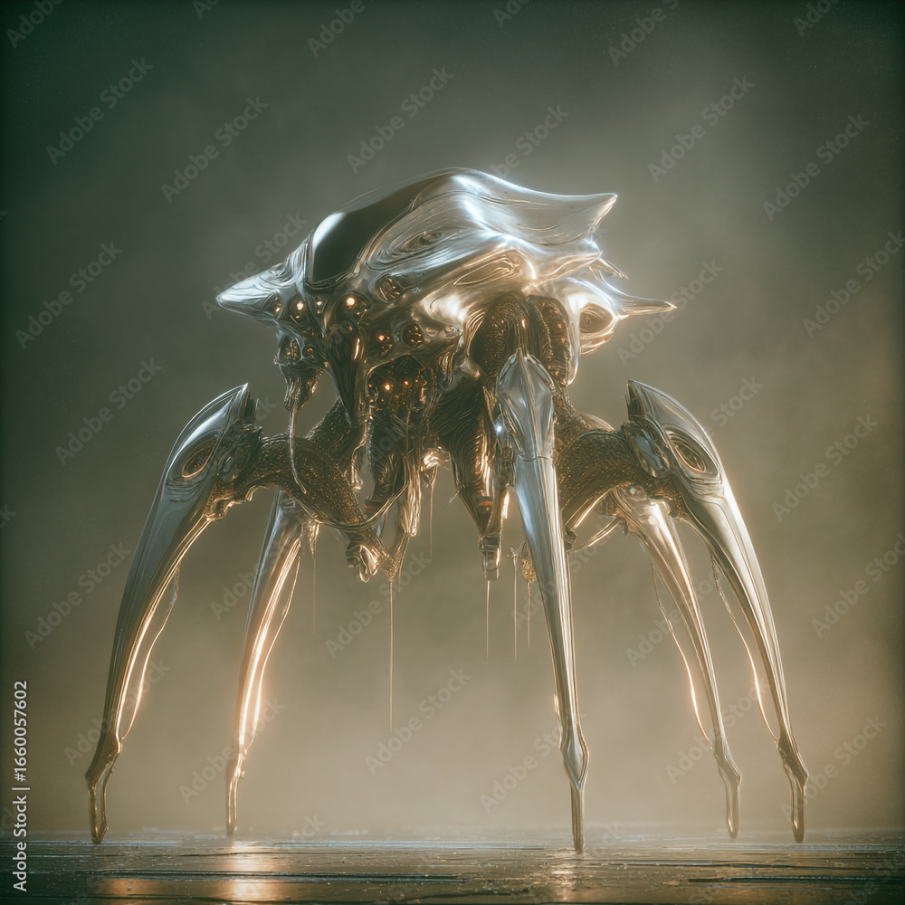 Poster a shiny metallic alien creature with multiple legs standing on a surface