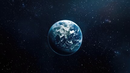 Obraz premium Blue and White Earth Planet Floating in Dark Starry Outer Space with Celestial and Cosmic Background and Abstract Sci-Fi Rendering Art