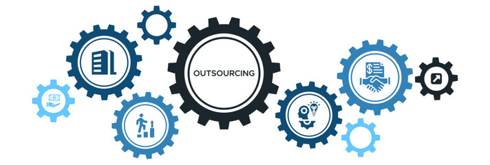 Outsourcing Solutions Banner Icons for Web: Company Improvement, External Competence, Cost Savings, Recruitment Efficiency, and Strategic Agreements