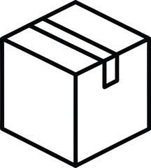 A simple black and white outline illustration of a closed cardboard box, isolated on a transparent background, representing shipping and delivery