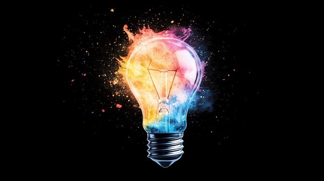 A bright, colorful explosion of a light bulb on a black background
