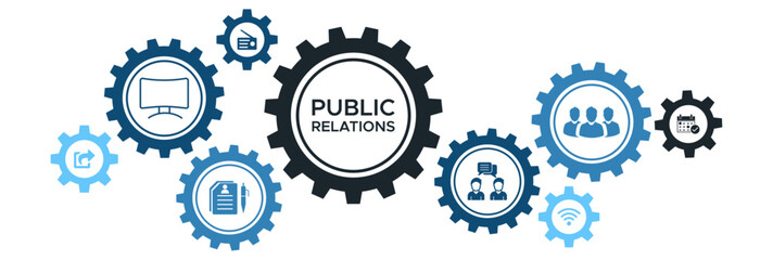 Comprehensive Public Relations Web Icon Banner Concept with Communication, Social Media, Events, and Customer Interaction Icons