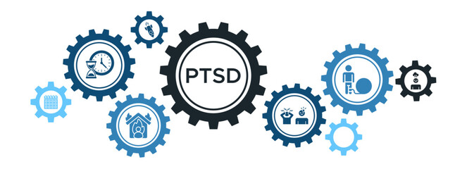 PTSD (Post-Traumatic Stress Disorder) Awareness Banner Vector Concept Featuring Icons for War, Trauma, Headaches, and Disability