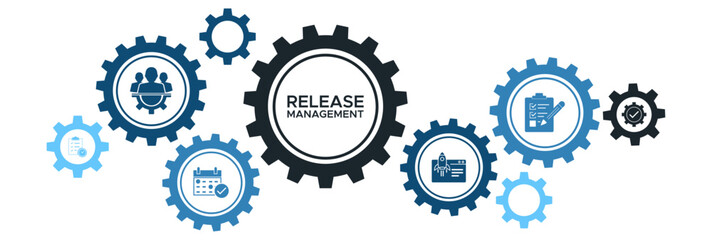 Release Management and Deployment Process Banner with Icons for Planning, Scheduling, Controlling, Testing, and Management