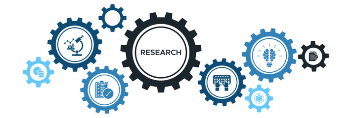 Research and Data Analysis Banner Vector Concept with Icons for Surveys, Knowledge Development, Data Entry, and Fact-Based Analysis