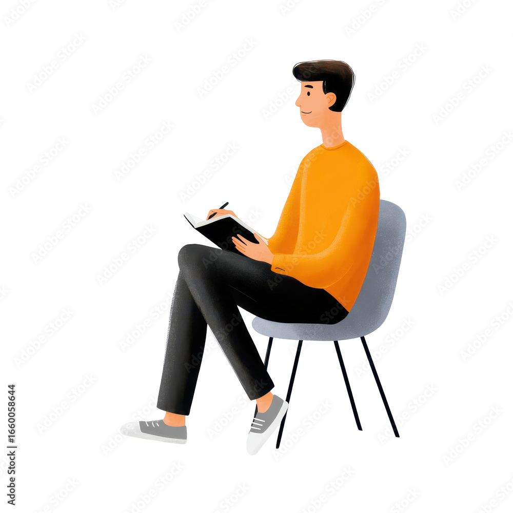 Aufkleber man with notebook and pen watching lecture isoleted on transparent background.