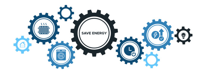 Save Energy Banner Concept: Power Efficiency, Insulation, Heating, Standby & Light Optimization