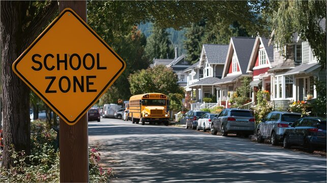 School Zone Sign with Approaching Yellow Bus on Suburban Street, Community Safety Concept