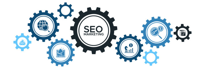 SEO Marketing Banner Vector Concept Featuring Icons for Search Optimization, Keyword Research, Strategy, Backlinks, and Email Marketing