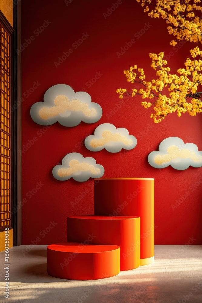 Poster Elegant podium design with cloud patterns featuring vibrant red background and decorative vases.