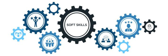 Vector Concept for Soft Skills Banner in HR Management Featuring Icons of Teamwork, Communication, Empathy, Assertiveness, and Personal Development