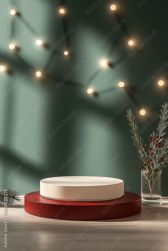 Poster elegant minimal podium scene with decorative string lights and festive leaves on a green and red bac