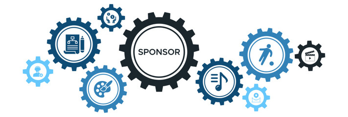 Vector Concept for Sponsor Banner Highlighting Icons of Support for Projects, Events, Art, Music, Sports, and Film