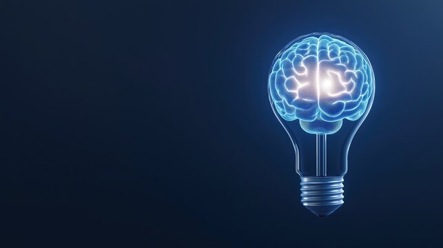 Light bulb with glowing brain inside on blue background, concept of ideas, innovation, and development. Place to copy text