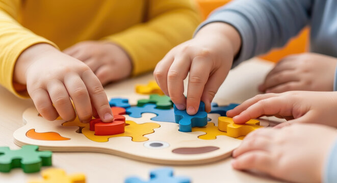 Young Children's Hands Playing with Colorful Jigsaw Puzzle on Wooden Table Educational Game Enhancing Fine Motor Skills and Cognitive Development in Early Childhood