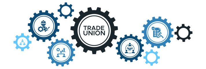 Trade Union Banner Vector Concept Featuring Icons for Labor Rights, Organization, Collaboration, and Legal Delegation