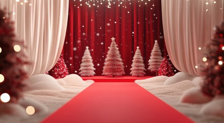 3D cartoon-style winter wonderland with white snow-covered trees on red carpet under falling snowflakes
