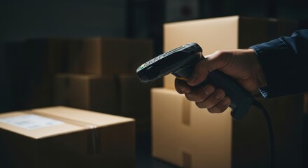 Worker Hand Using Barcode Scanner in Warehouse with Cardboard Boxes