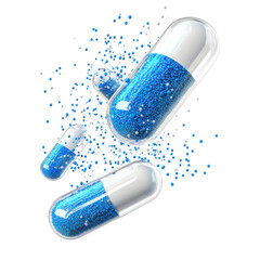  Flying falling open capsule with blue and white granules isolated [Transparent Background PNG]