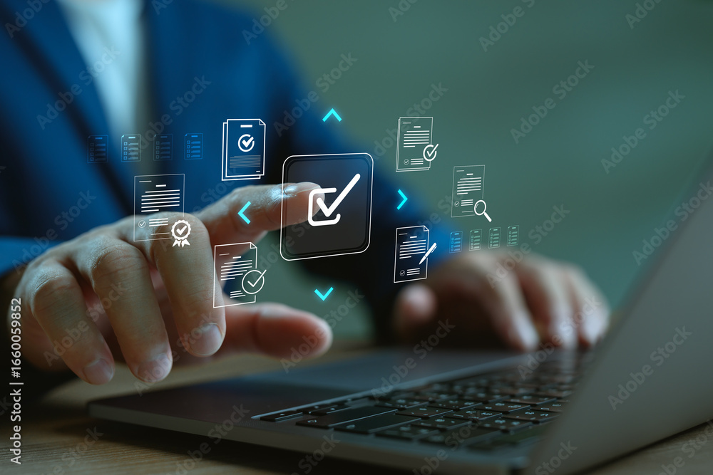 Poster businessman approving digital documents on virtual screen using laptop. concept of document verifica