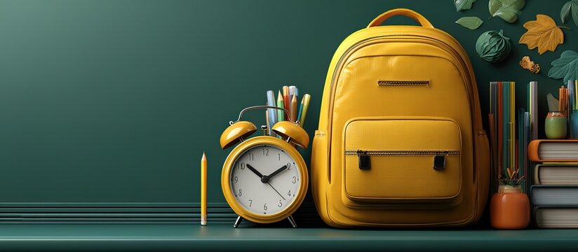 Yellow Backpack with Alarm Clock on Green Background, Back to School Banner Design Template