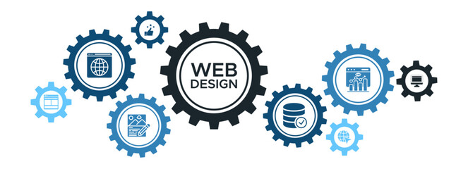 Professional Web Design Solutions Banner Featuring SEO, Layout, Content, and Usability Icons