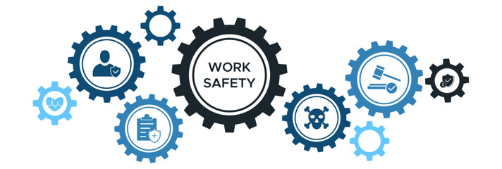 Occupational Health and Work Safety Banner with Icons for Protection, Regulations, Hazard Prevention, and Health Insurance