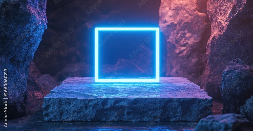 Poster abstract 3d render featuring a glowing blue neon rectangle in a textured stone room with soft ambien