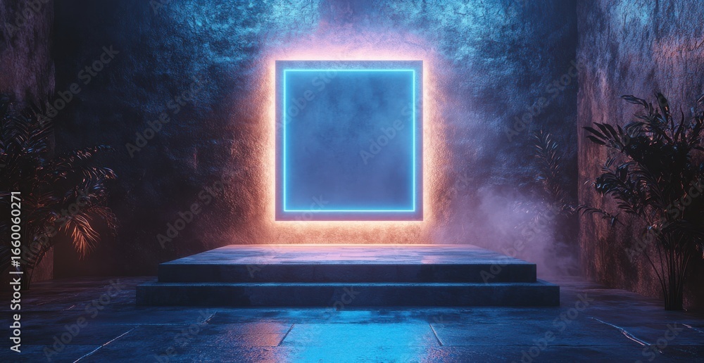 Poster mystical 3d render of a glowing neon square on stone steps surrounded by dark cliffs