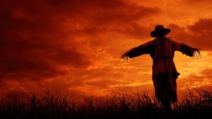 Shadow Sentinel: A solitary scarecrow stands watch against a fiery sunset sky, evoking a sense of mystery and the changing seasons in a tranquil rural panorama.